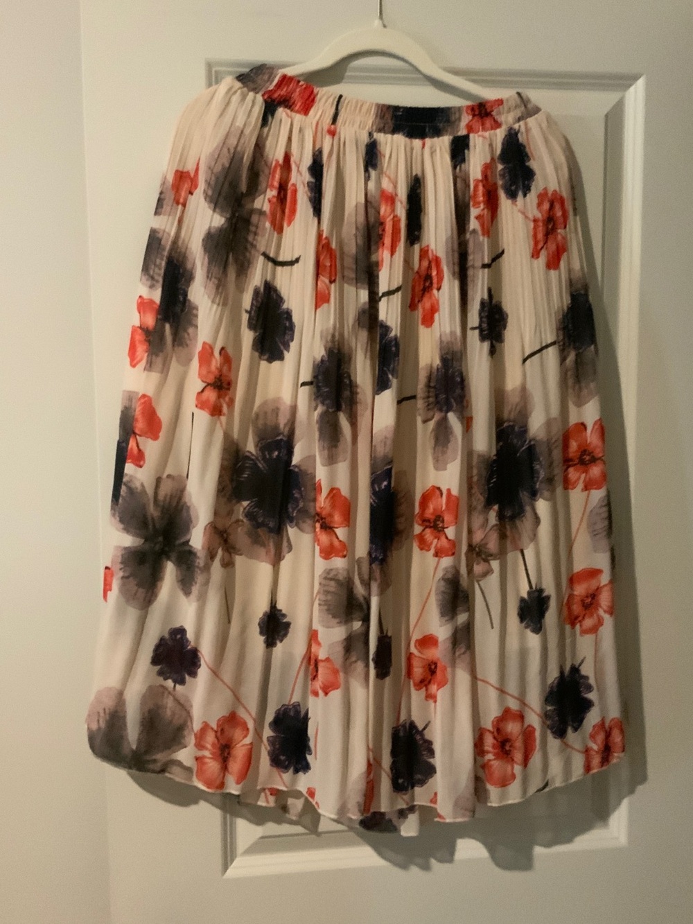 Pleated Floral Midi Skirt - Cream with Coral & Navy Flowers